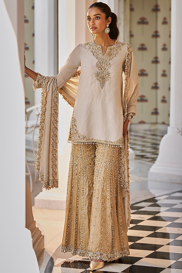 Antique Gold Tissue Silk Embroidered Sharara Set by Seema Gujral at Pernia's Pop Up Shop