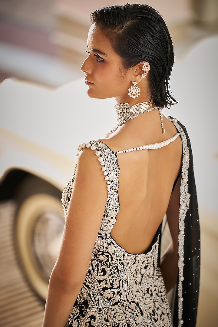 Black Georgette Pearl Embroidered Bridal Sharara Set by Seema Gujral at Pernia's Pop Up Shop