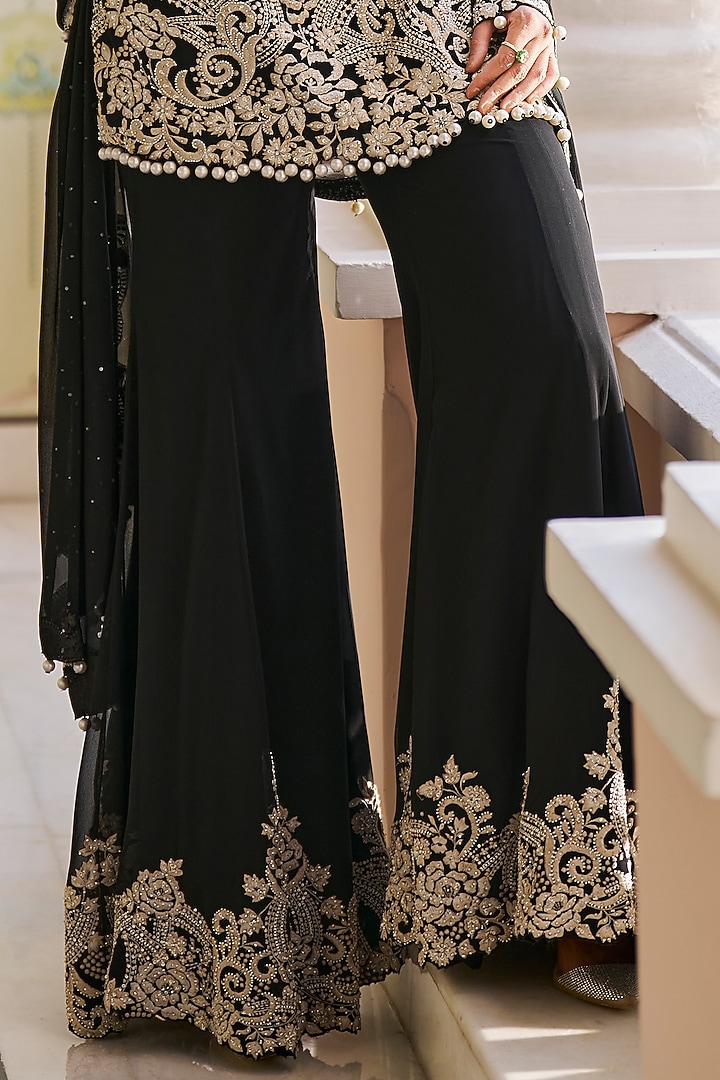 Black Georgette Pearl Embroidered Bridal Sharara Set by Seema Gujral at Pernia's Pop Up Shop