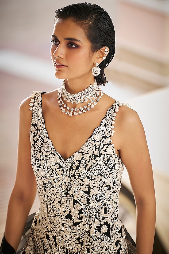 Black Georgette Pearl Embroidered Bridal Sharara Set by Seema Gujral at Pernia's Pop Up Shop