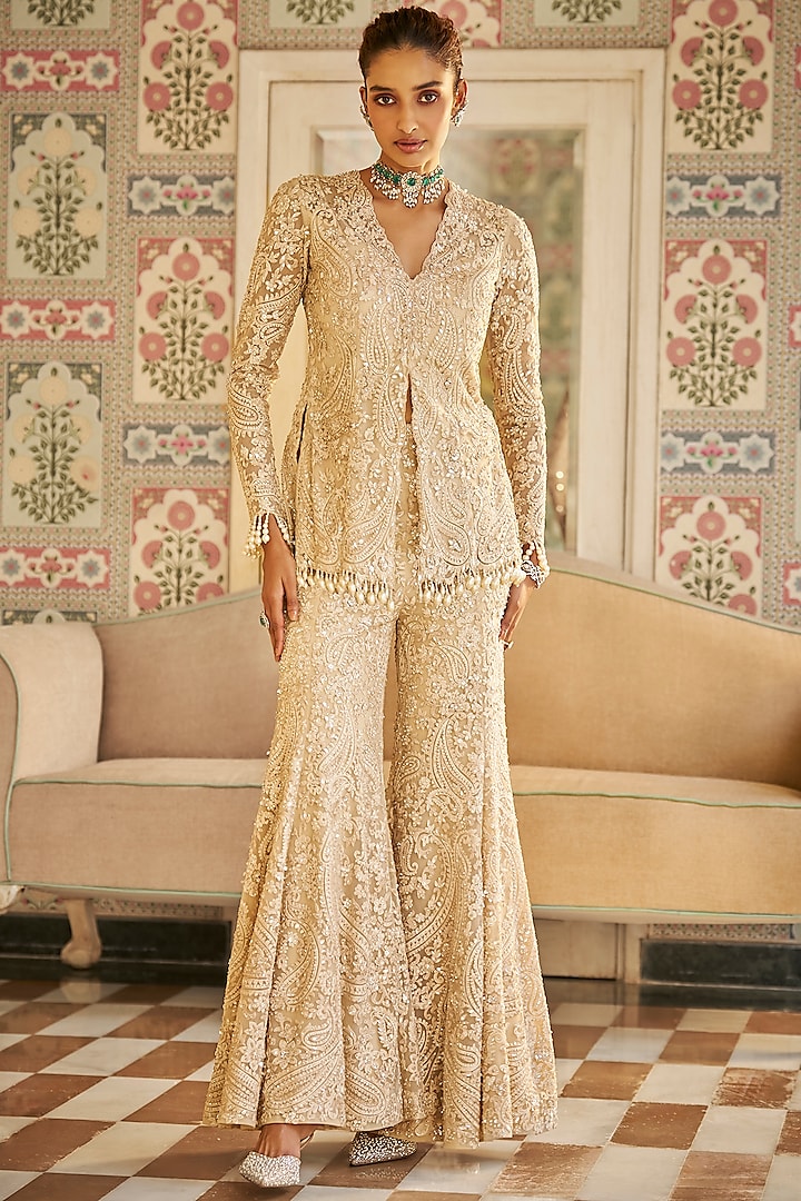 Nude Net Sequins Embroidered Sharara Set by Seema Gujral at Pernia's Pop Up Shop