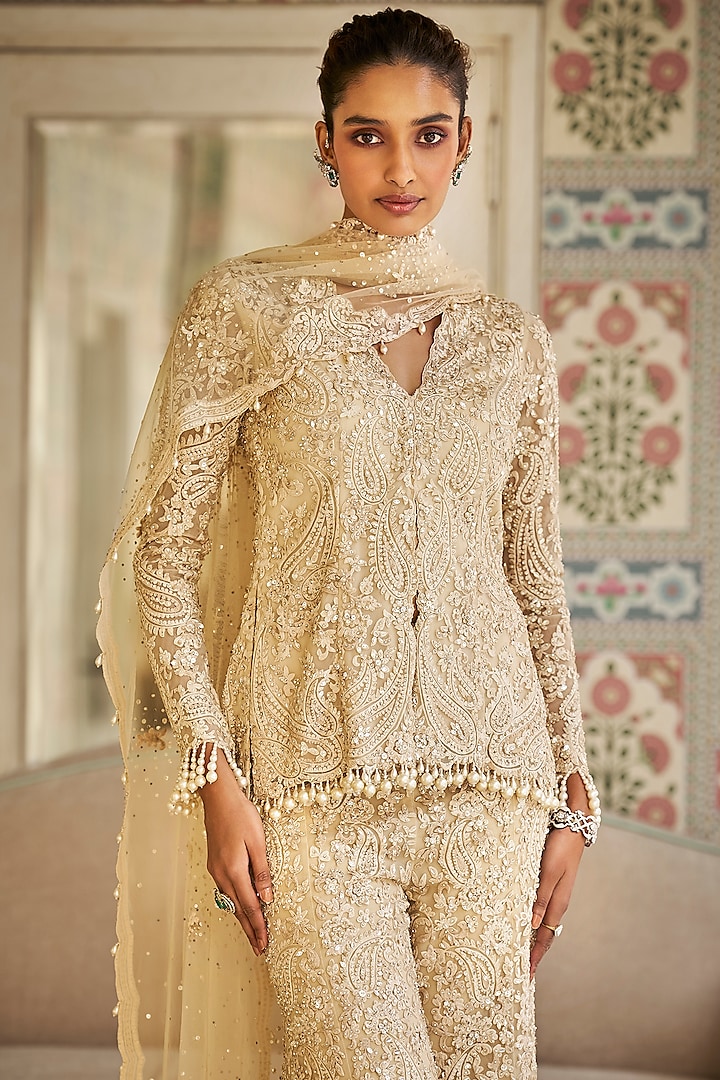 Nude Net Sequins Embroidered Bridal Sharara Set by Seema Gujral at Pernia's Pop Up Shop