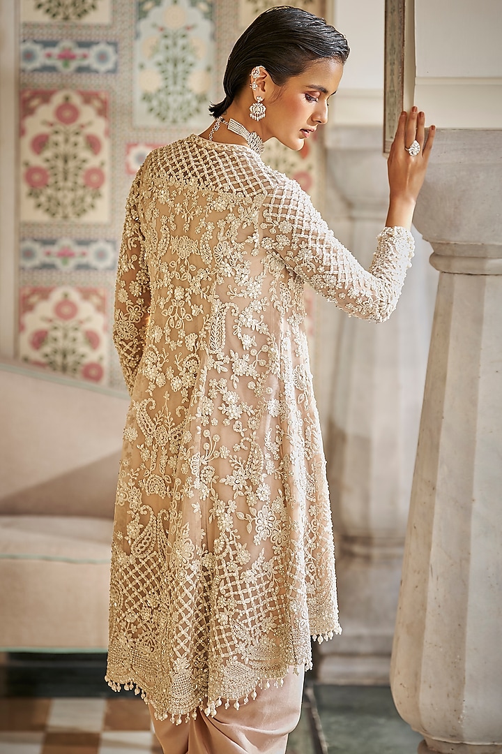 Nude Silk Floral Embroidered Dhoti Set by Seema Gujral at Pernia's Pop Up Shop