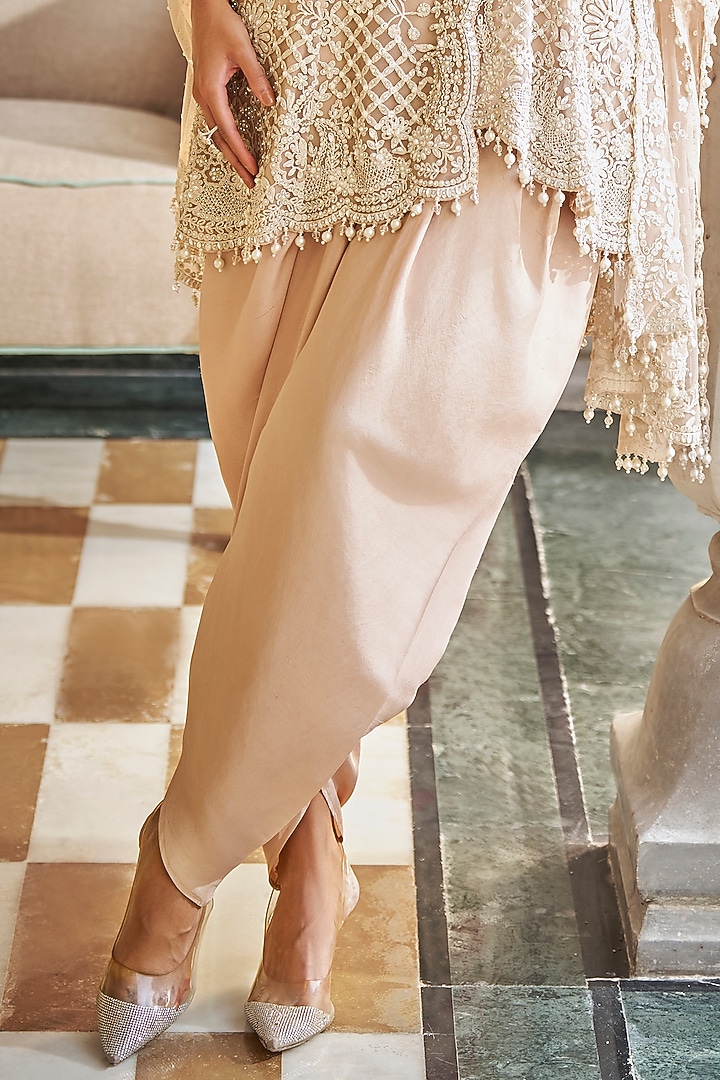 Nude Silk Floral Embroidered Dhoti Set by Seema Gujral at Pernia's Pop Up Shop