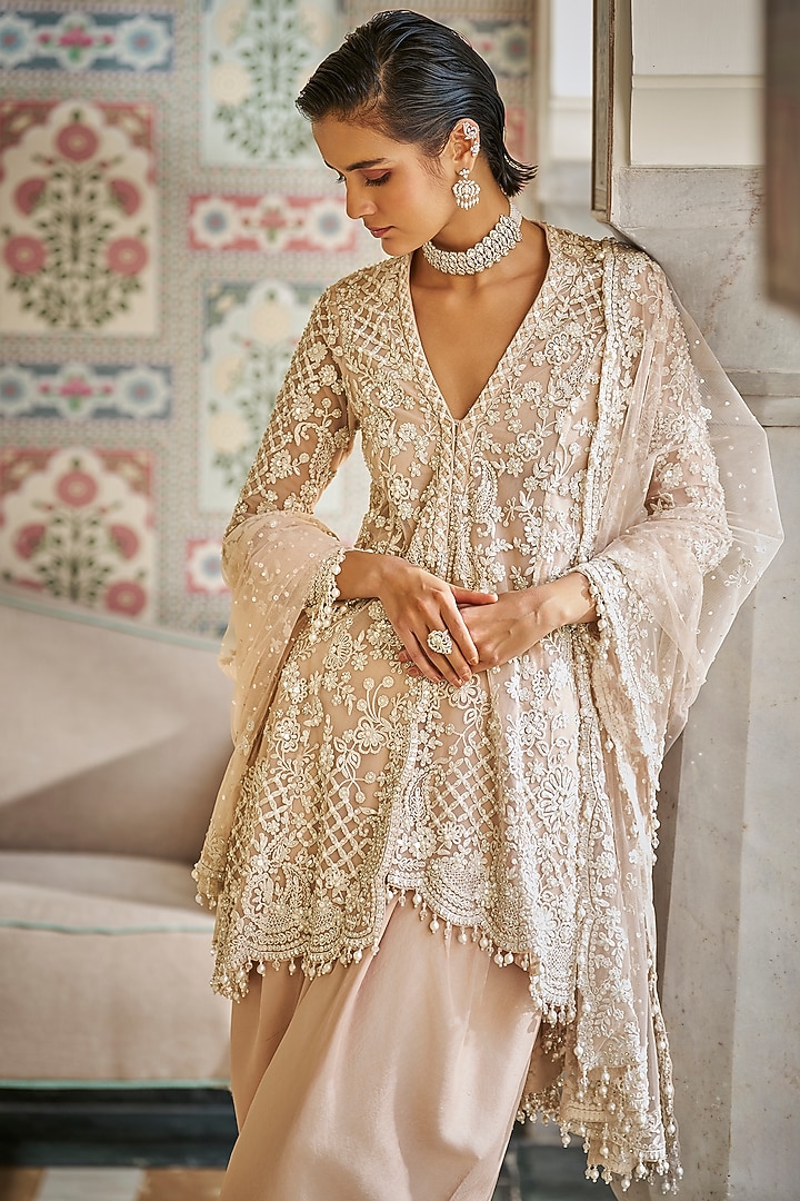 Nude Silk Floral Embroidered Dhoti Set by Seema Gujral at Pernia's Pop Up Shop