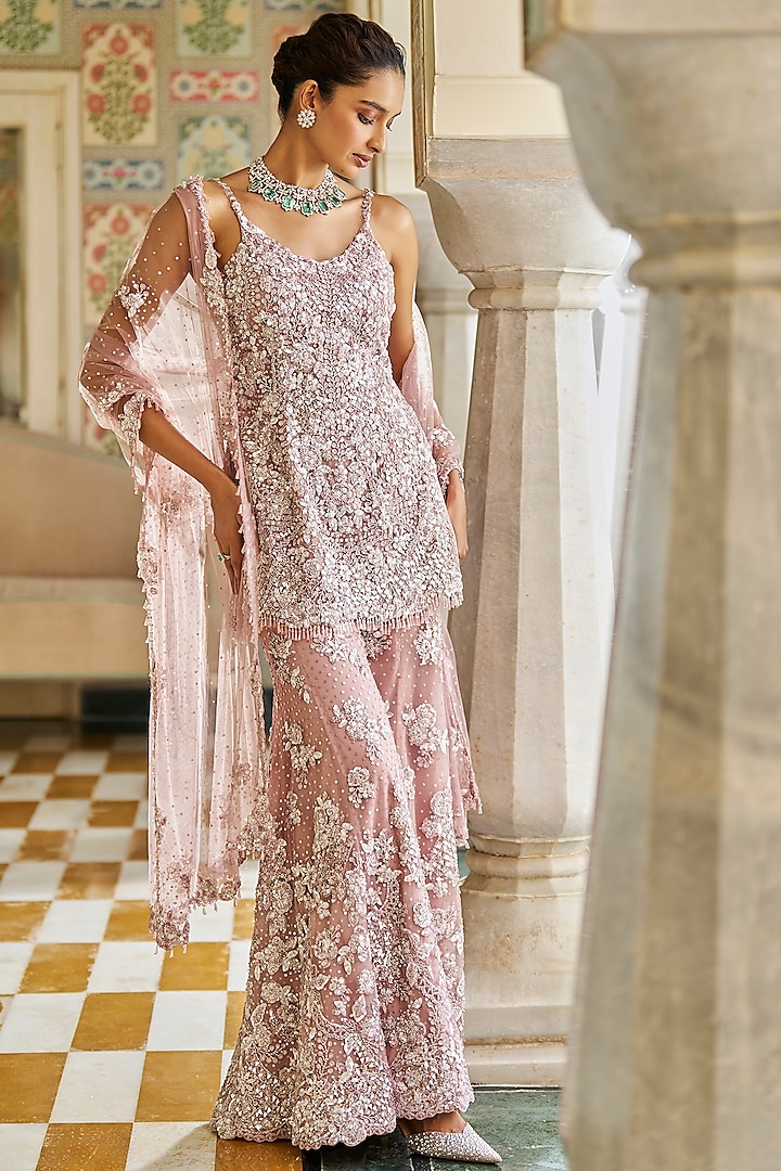 Mauve Net Crystal Embroidered Sharara Set by Seema Gujral at Pernia's Pop Up Shop