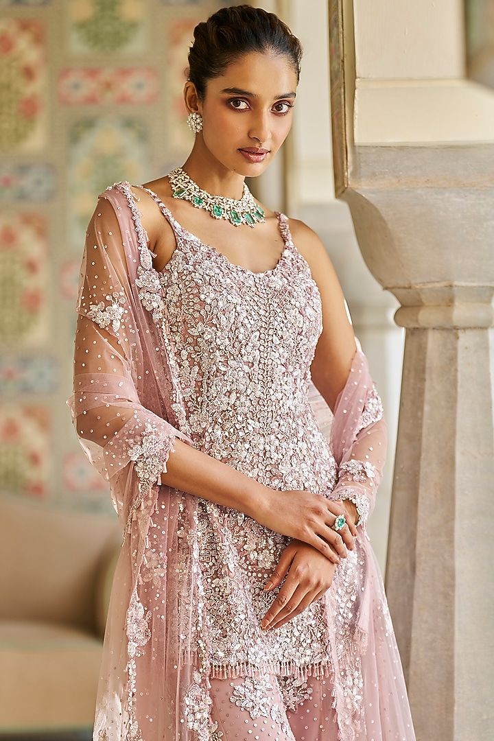 Mauve Net Crystal Embroidered Bridal Sharara Set by Seema Gujral at Pernia's Pop Up Shop