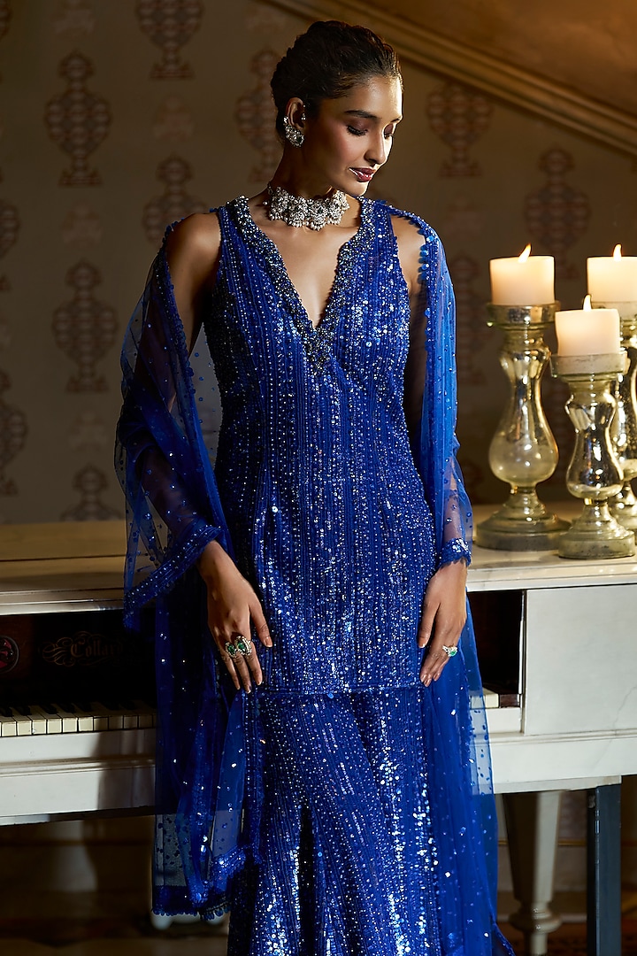 Electric Blue Net Sequins Embroidered Bridal Sharara Set by Seema Gujral at Pernia's Pop Up Shop