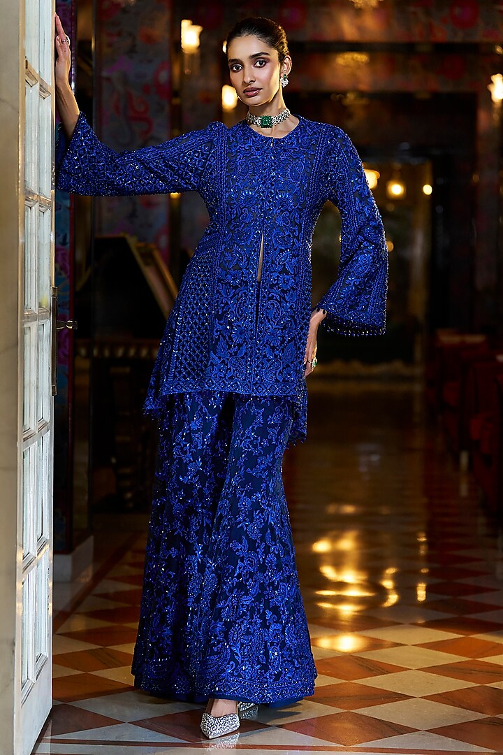 Navy Blue Net Sequins Embroidered Bridal Sharara Set by Seema Gujral at Pernia's Pop Up Shop