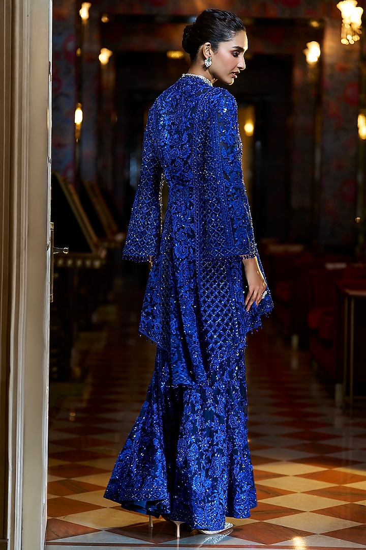 Navy Blue Net Sequins Embroidered Bridal Sharara Set by Seema Gujral at Pernia's Pop Up Shop