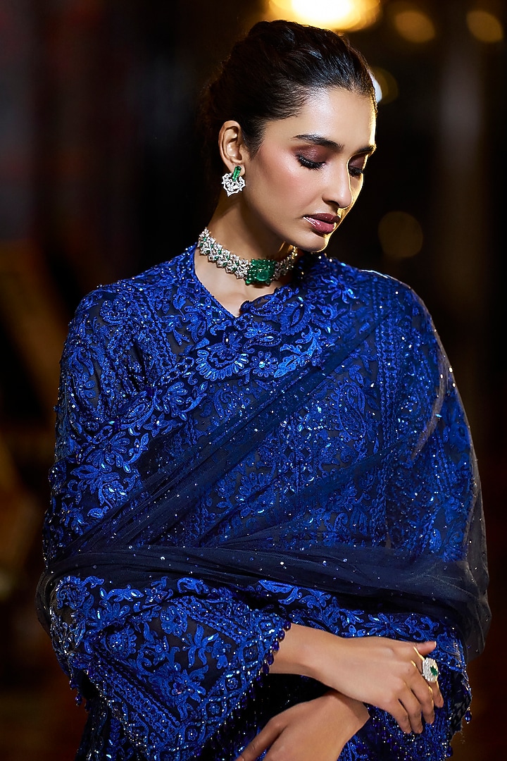 Navy Blue Net Sequins Embroidered Bridal Sharara Set by Seema Gujral at Pernia's Pop Up Shop