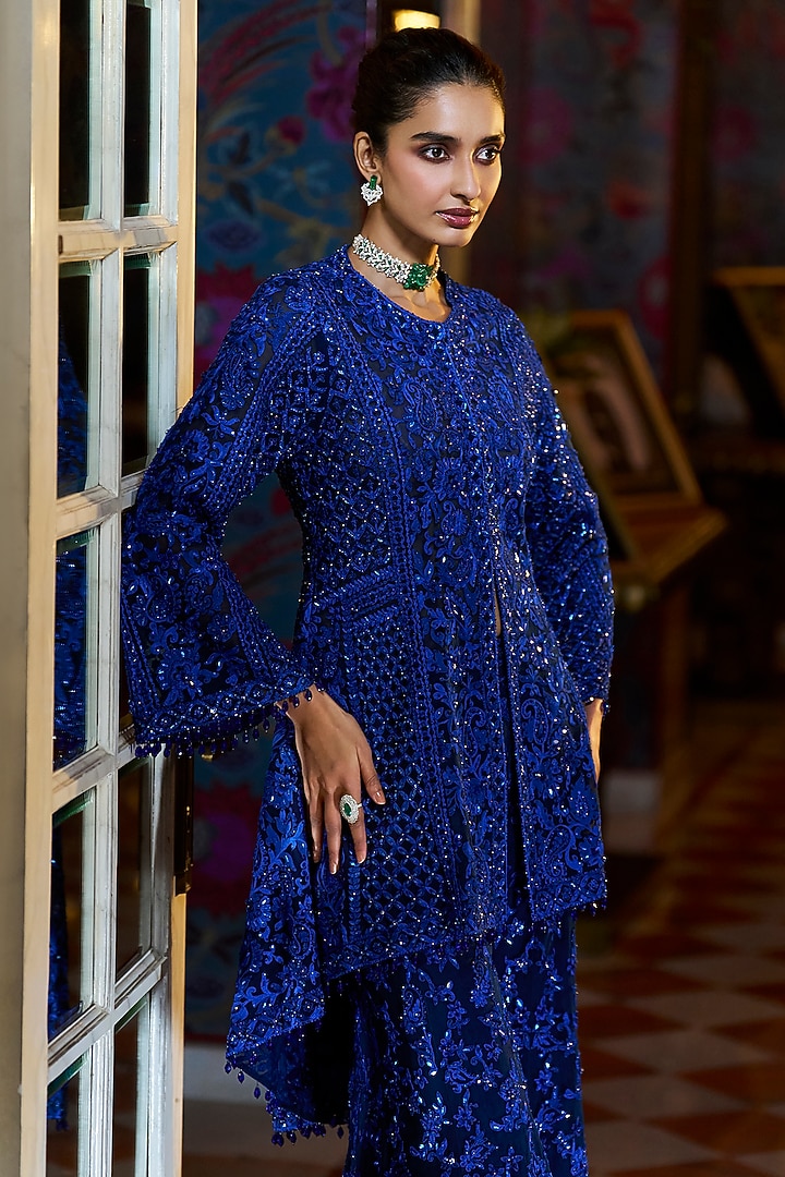 Navy Blue Net Sequins Embroidered Bridal Sharara Set by Seema Gujral at Pernia's Pop Up Shop