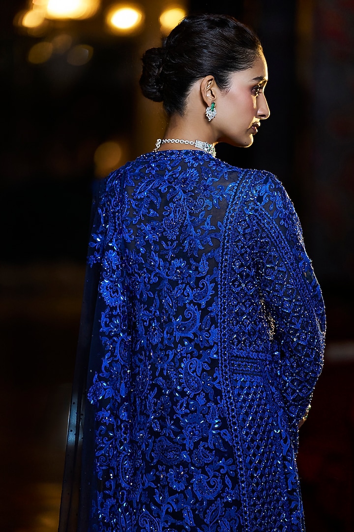 Navy Blue Net Sequins Embroidered Bridal Sharara Set by Seema Gujral at Pernia's Pop Up Shop