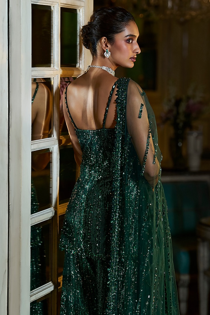 Emerald Net Sequins Embroidered Bridal Sharara Set by Seema Gujral at Pernia's Pop Up Shop