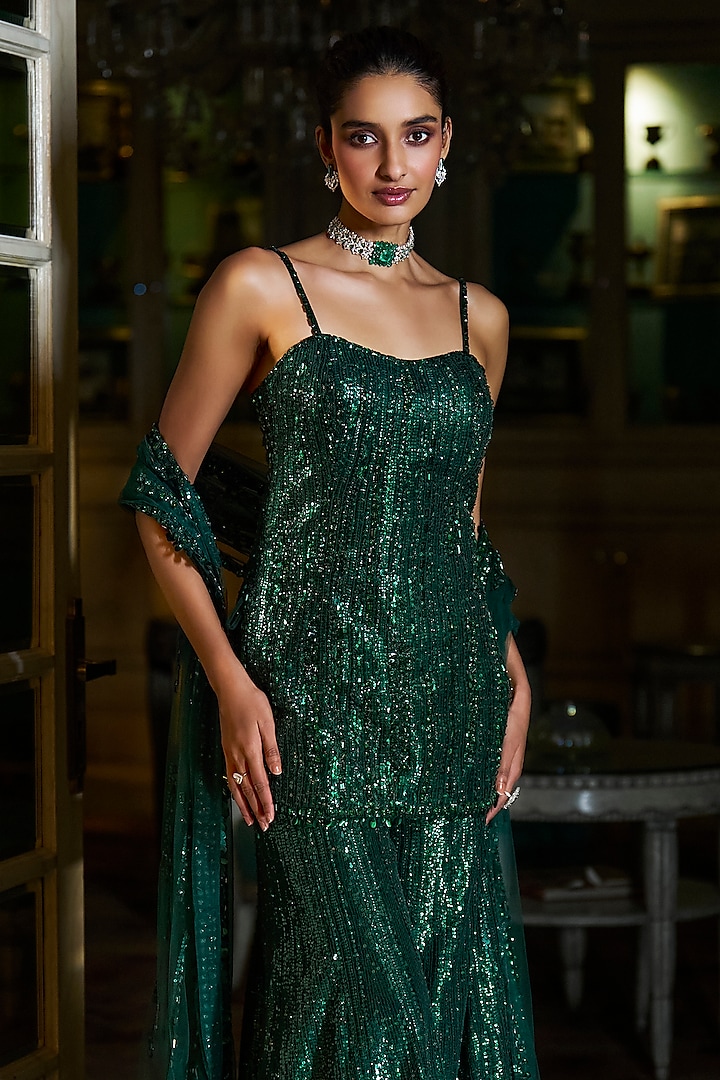 Emerald Net Sequins Embroidered Bridal Sharara Set by Seema Gujral at Pernia's Pop Up Shop