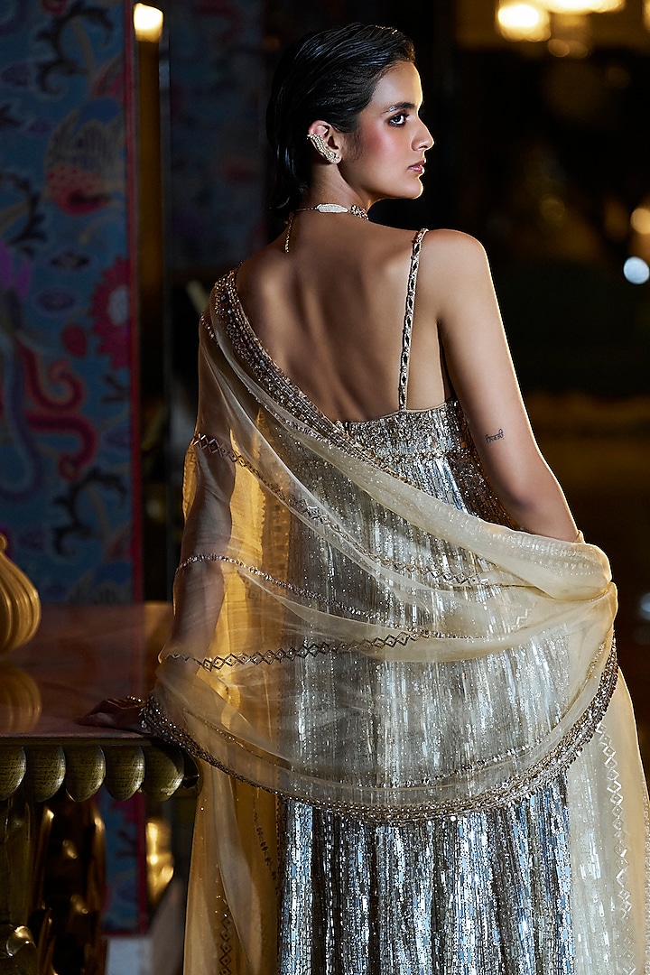 Silver & Gold Net Sequins Embroidered Bridal Sharara Set by Seema Gujral at Pernia's Pop Up Shop