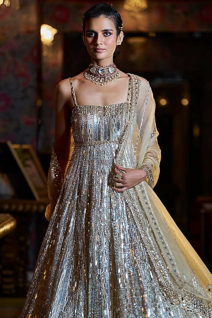 Silver & Gold Net Sequins Embroidered Bridal Sharara Set by Seema Gujral at Pernia's Pop Up Shop