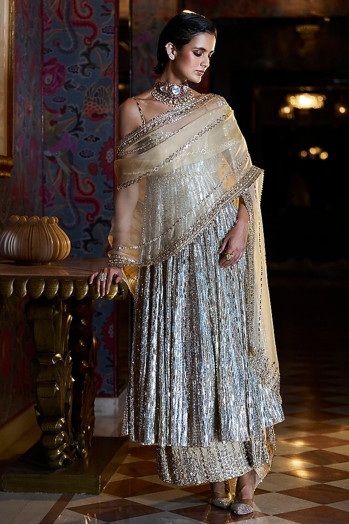Silver & Gold Net Sequins Embroidered Bridal Sharara Set by Seema Gujral at Pernia's Pop Up Shop