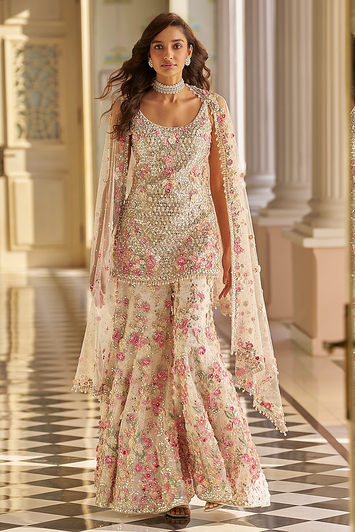 Ivory Net Sharara Set with Stone, Kundan & Sequin Embroidery main image 1