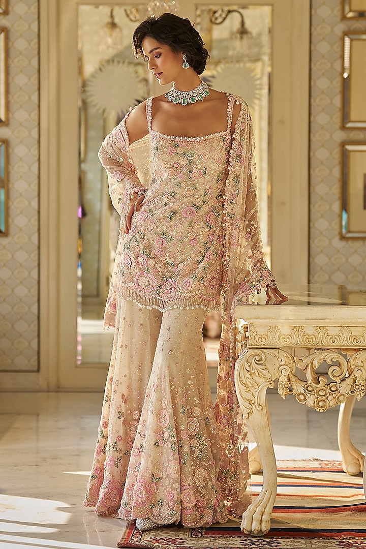 Nude Net Floral Sequins Embroidered Sharara Set by Seema Gujral at Pernia's Pop Up Shop