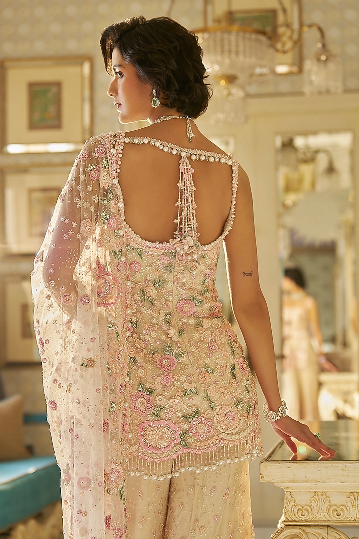 Nude Net Floral Sequins Embroidered Bridal Sharara Set by Seema Gujral at Pernia's Pop Up Shop