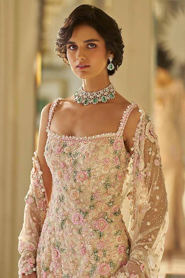 Nude Net Floral Sequins Embroidered Bridal Sharara Set by Seema Gujral at Pernia's Pop Up Shop