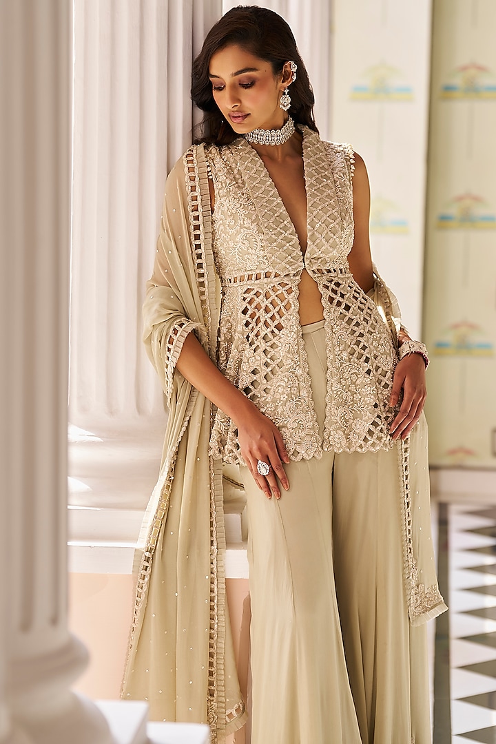 Mint Green Georgette Pearl Embroidered Bridal Sharara Set by Seema Gujral at Pernia's Pop Up Shop