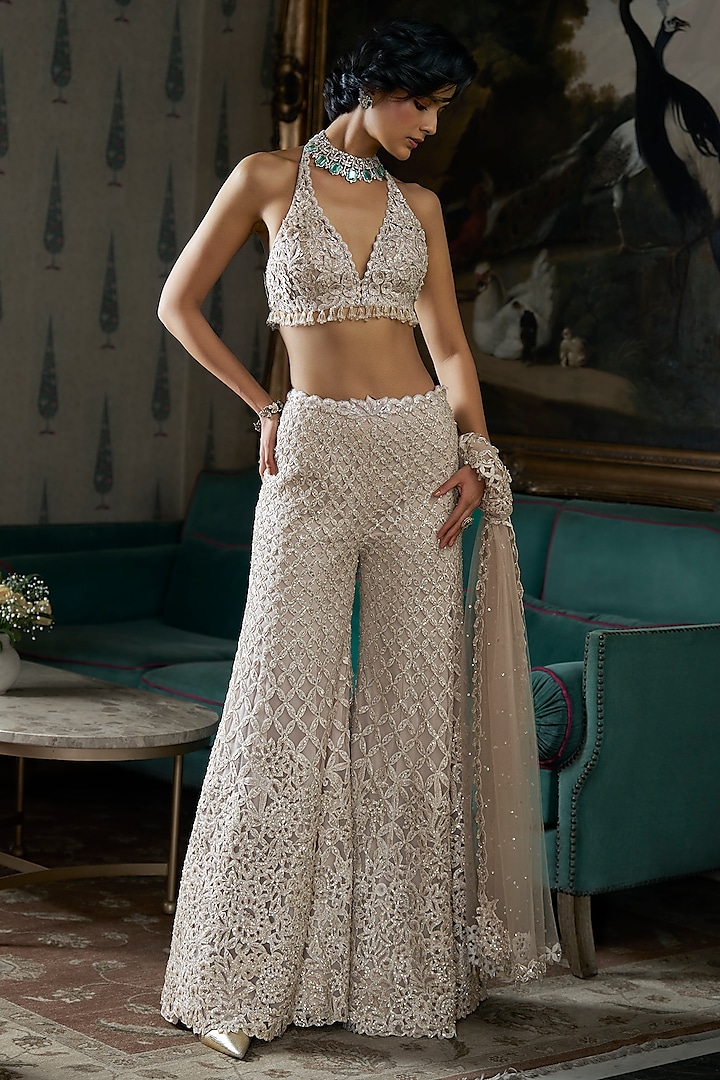 Nude Net Thread Embroidered Sharara Set by Seema Gujral at Pernia's Pop Up Shop