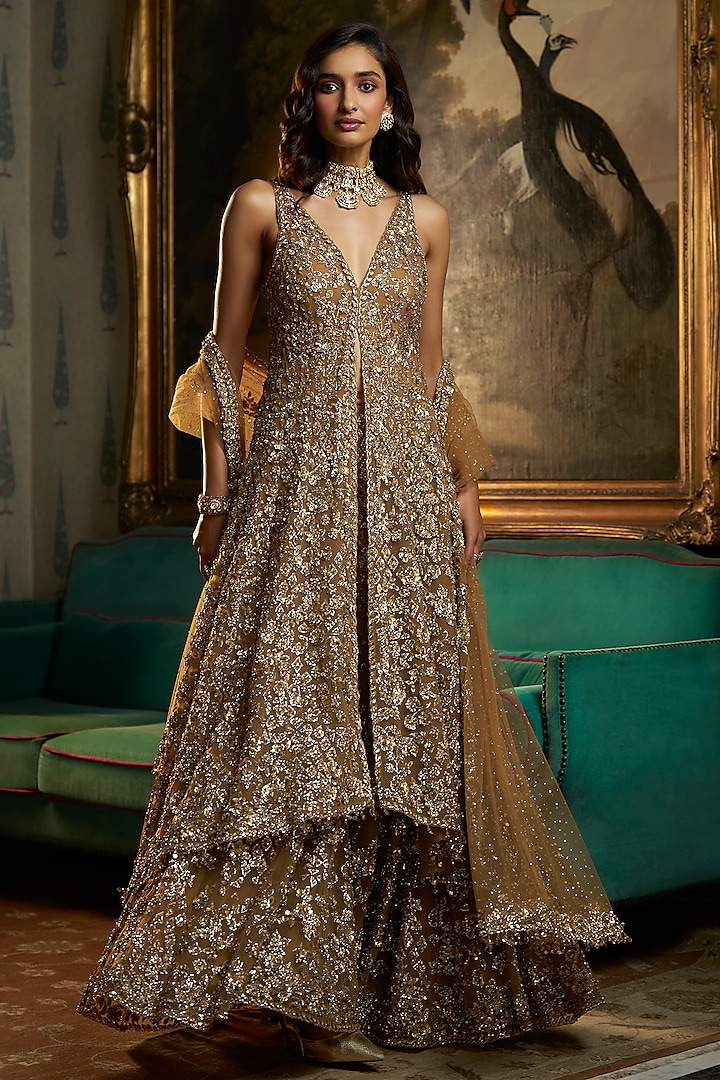 Antique Gold Net Sequins Embroidered Sharara Set by Seema Gujral at Pernia's Pop Up Shop