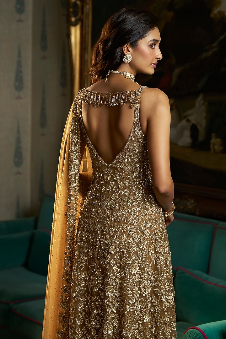 Antique Gold Net Sequins Embroidered Bridal Sharara Set by Seema Gujral at Pernia's Pop Up Shop