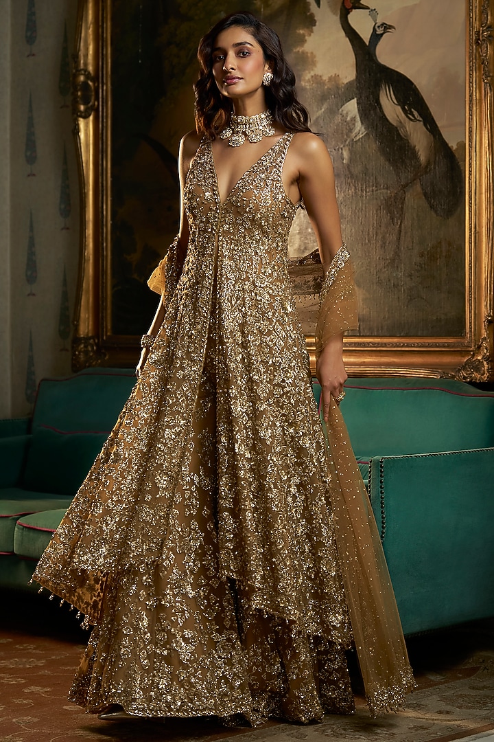 Antique Gold Net Sequins Embroidered Bridal Sharara Set by Seema Gujral at Pernia's Pop Up Shop