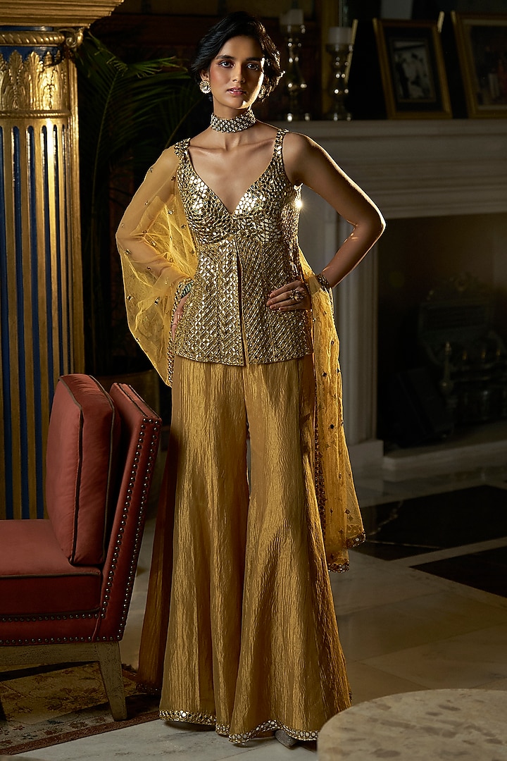 Gold Crushed Tissue Mirror Work Sharara Set by Seema Gujral at Pernia's Pop Up Shop