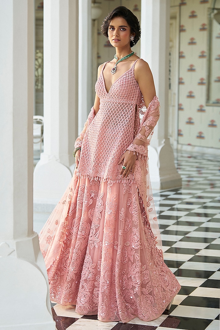 Pink Net Sequins Embroidered Sharara Set by Seema Gujral at Pernia's Pop Up Shop