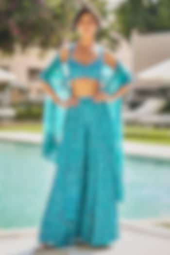 Turquoise Net Thread Embroidered Sharara Set by Seema Gujral at Pernia's Pop Up Shop