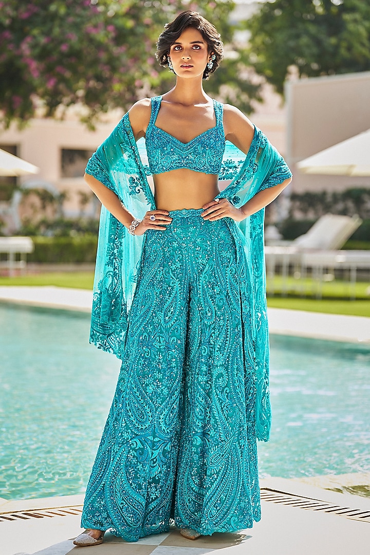 Turquoise Net Thread Embroidered Sharara Set by Seema Gujral at Pernia's Pop Up Shop