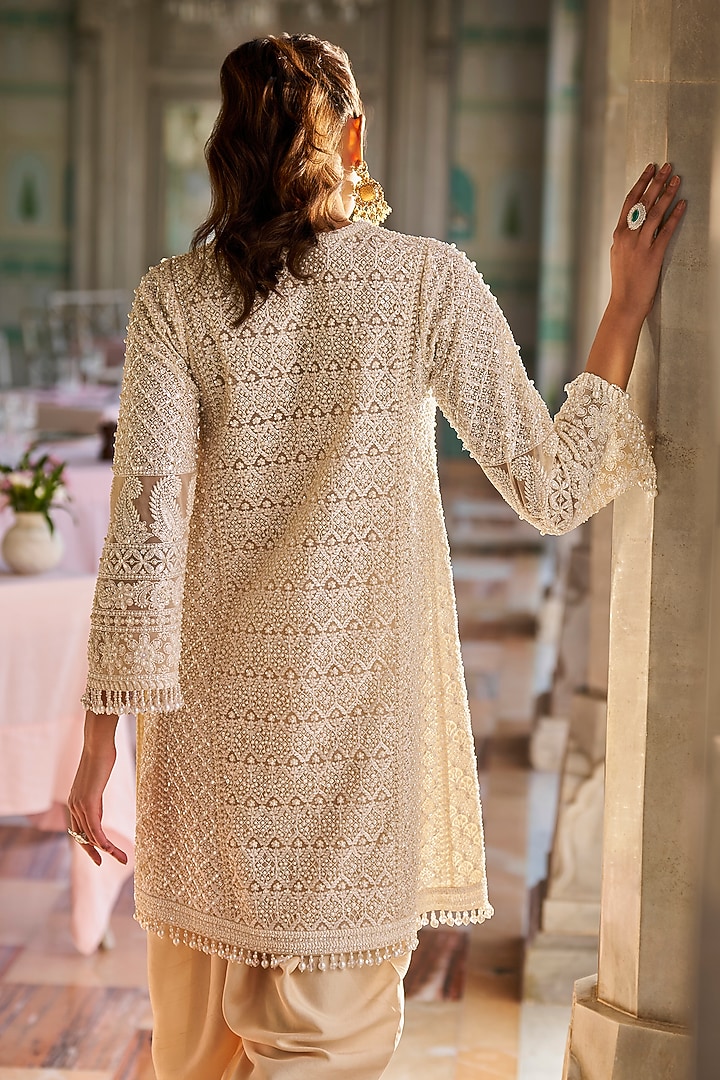 Cream Silk Pearl Embroidered Dhoti Set by Seema Gujral at Pernia's Pop Up Shop