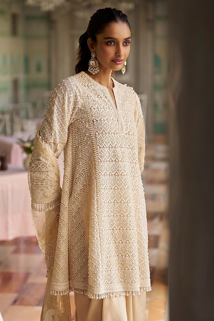 Cream Silk Pearl Embroidered Dhoti Set by Seema Gujral at Pernia's Pop Up Shop