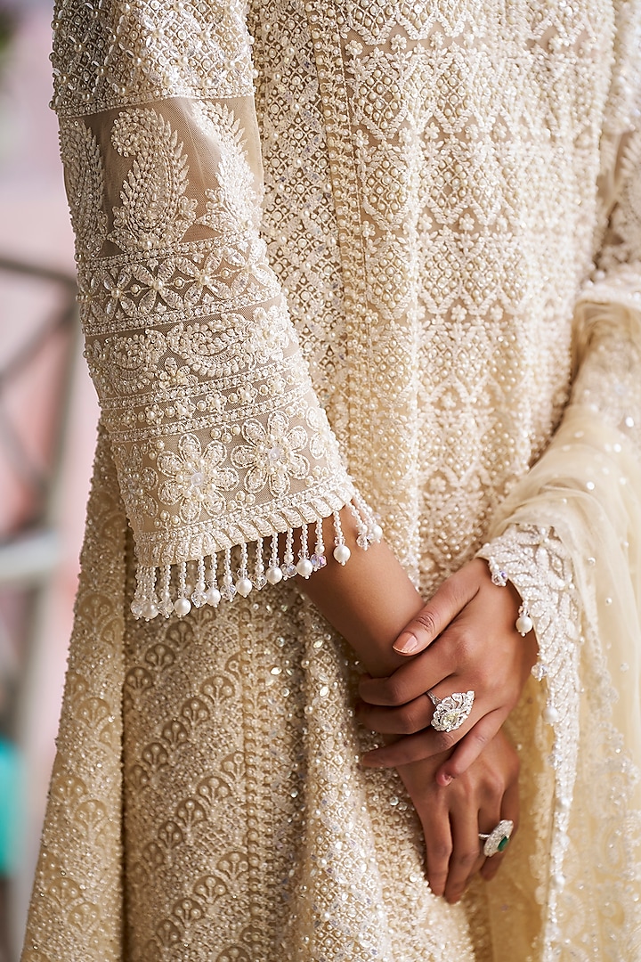 Cream Silk Pearl Embroidered Dhoti Set by Seema Gujral at Pernia's Pop Up Shop