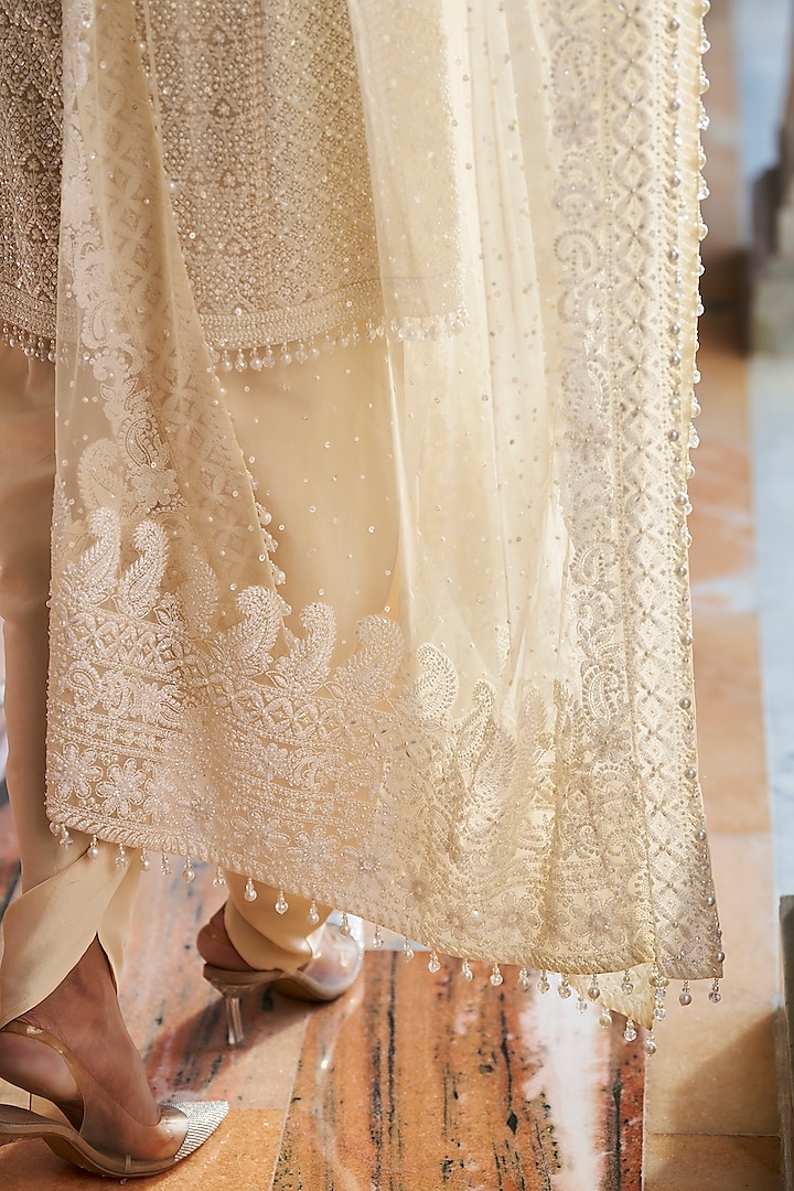 Cream Silk Pearl Embroidered Dhoti Set by Seema Gujral at Pernia's Pop Up Shop