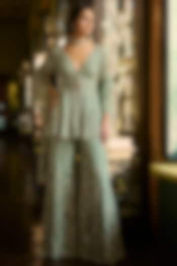 Sage Green Net Sequins Embroidered Bridal Sharara Set by Seema Gujral at Pernia's Pop Up Shop