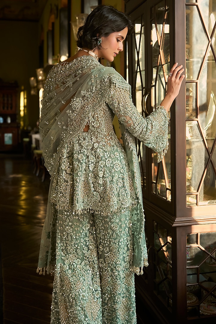 Sage Green Net Sequins Embroidered Bridal Sharara Set by Seema Gujral at Pernia's Pop Up Shop