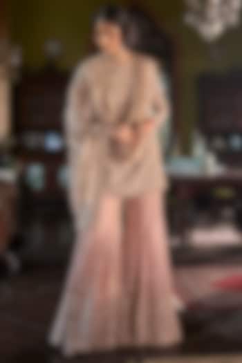 Peach & Gold Tissue Silk Sequins Embroidered Bridal Sharara Set by Seema Gujral at Pernia's Pop Up Shop