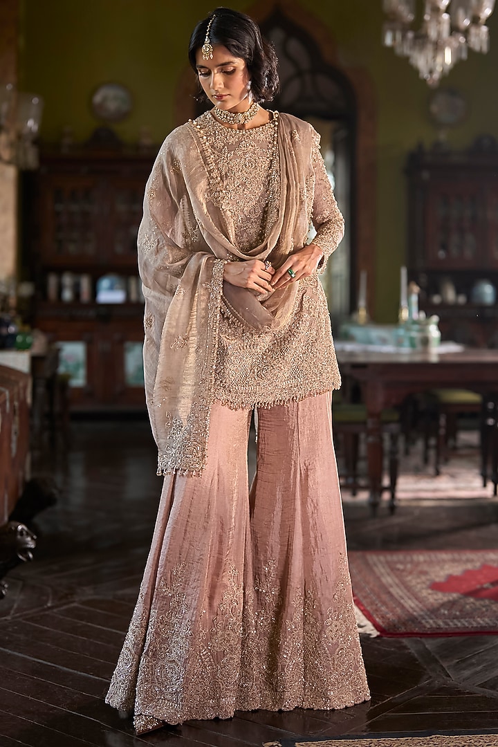 Peach & Gold Tissue Silk Sequins Embroidered Bridal Sharara Set by Seema Gujral at Pernia's Pop Up Shop