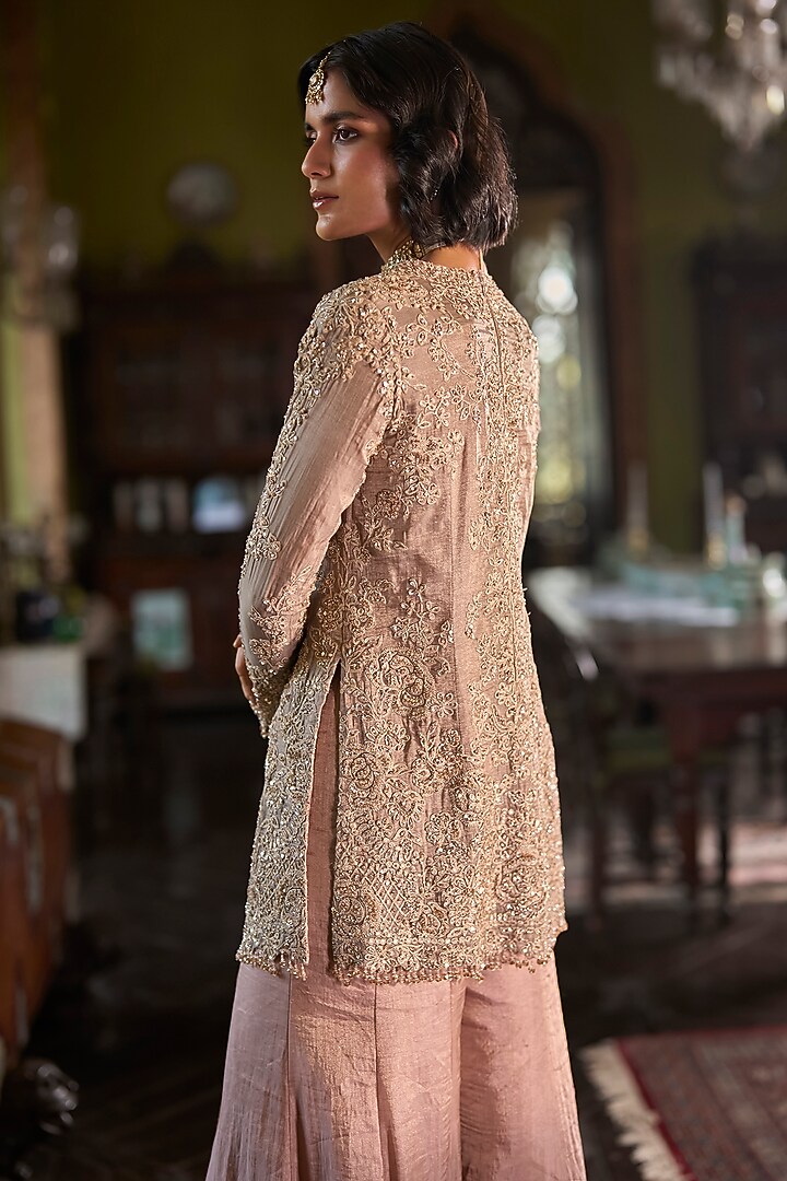 Peach & Gold Tissue Silk Sequins Embroidered Bridal Sharara Set by Seema Gujral at Pernia's Pop Up Shop