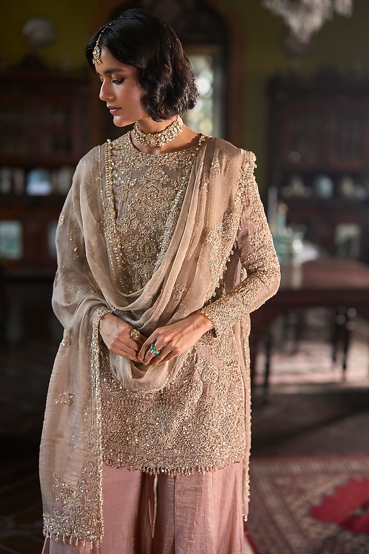 Peach & Gold Tissue Silk Sequins Embroidered Bridal Sharara Set by Seema Gujral at Pernia's Pop Up Shop