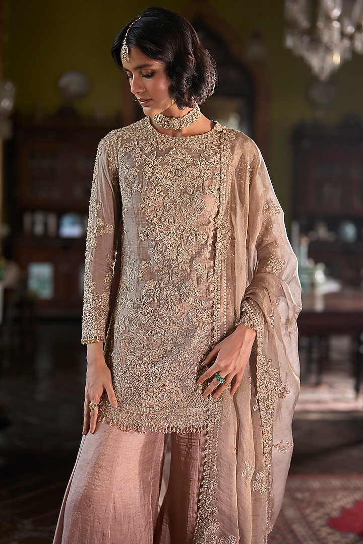 Peach & Gold Tissue Silk Sequins Embroidered Bridal Sharara Set by Seema Gujral at Pernia's Pop Up Shop