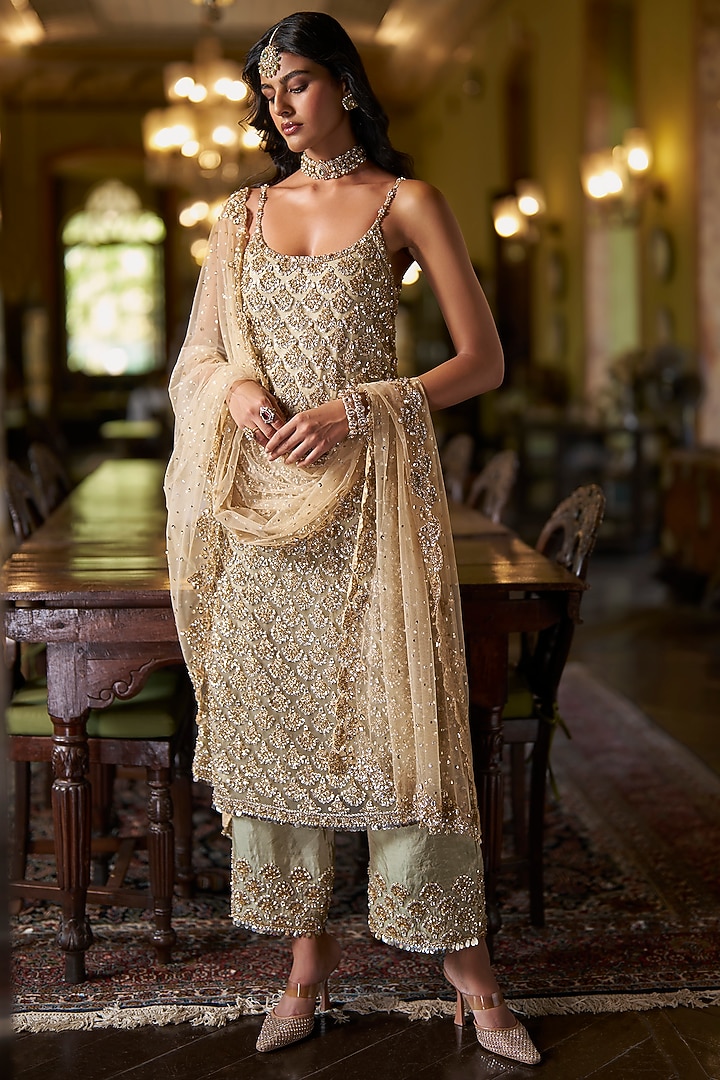 Sage Green Tissue Silk Sequins Embroidered Kurta Set by Seema Gujral at Pernia's Pop Up Shop