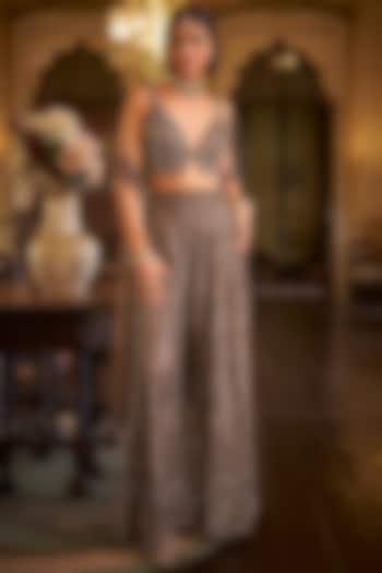 Brown Net Sequins Embroidered Bridal Sharara Set by Seema Gujral at Pernia's Pop Up Shop