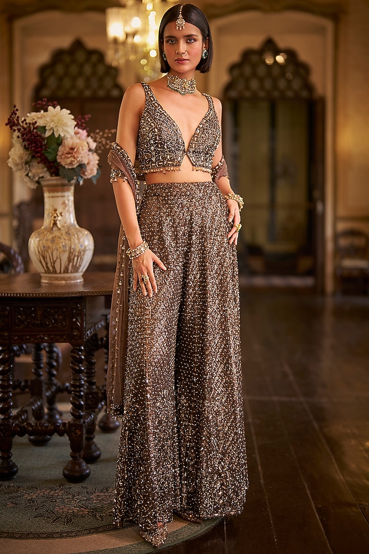 Brown Net Sequins Embroidered Bridal Sharara Set by Seema Gujral at Pernia's Pop Up Shop