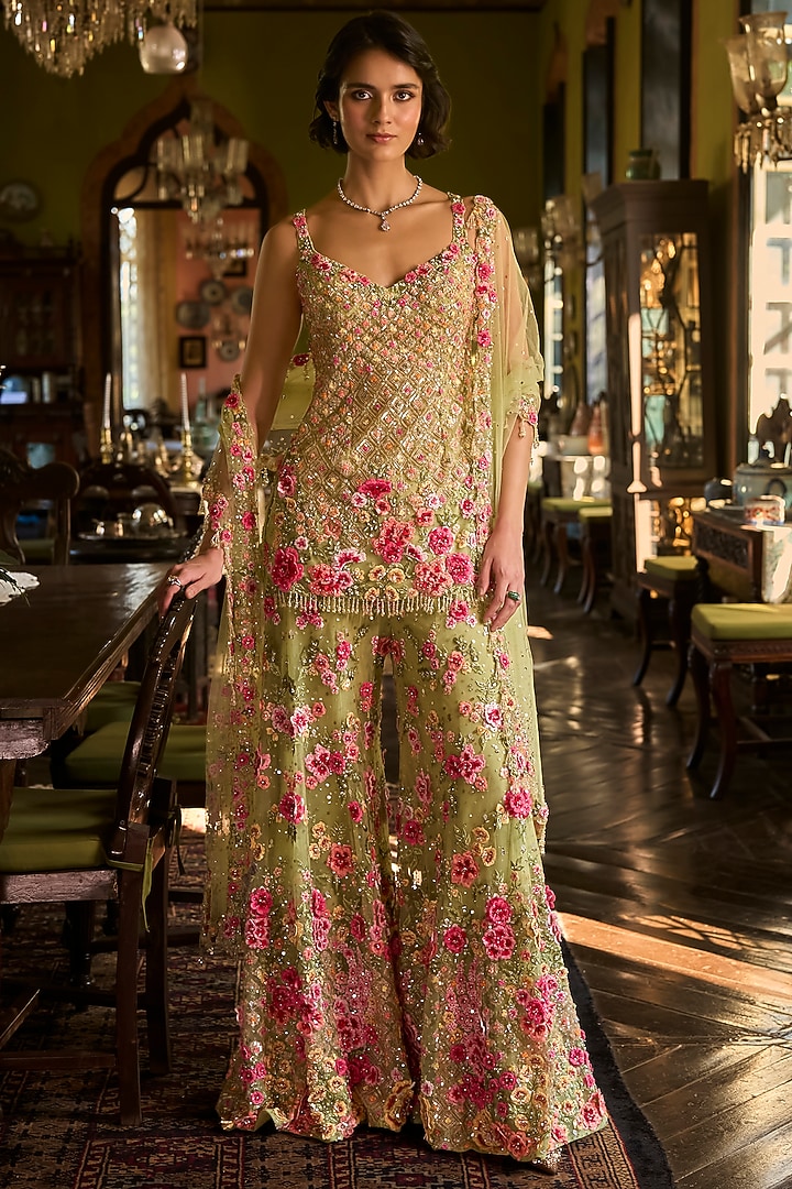 Leaf Green Tulle Embroidered Bridal Sharara Set by Seema Gujral at Pernia's Pop Up Shop